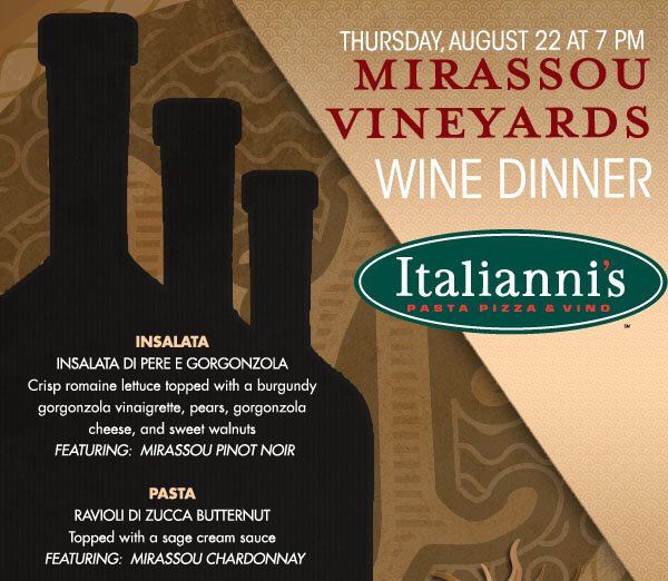 Italianni's - Mirassou Vineyards Wine Dinner
Thursday, August 22 at 7pm