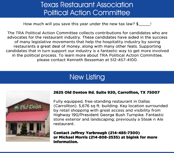 Texas Restaurant Association Political Action Committee
							See image for full article
							
							New Listing
							See image for full article