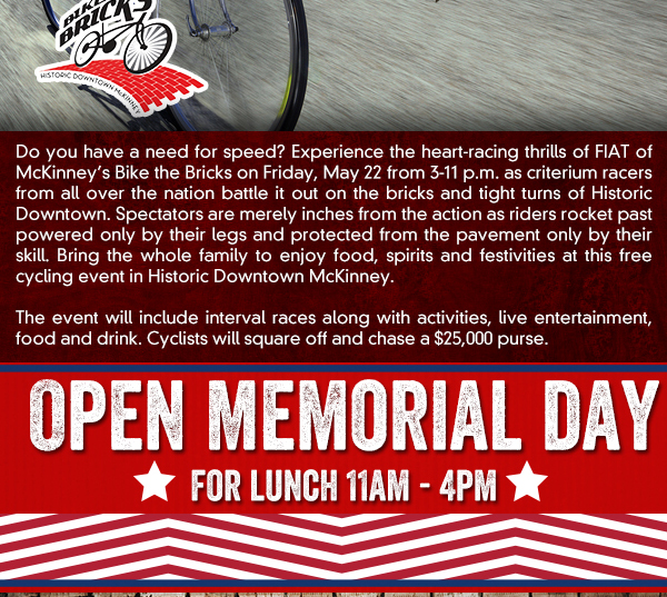 Do you have a need for speed?
							 See image for full details
							 
							 Open Memorial Day for lunch 11am - 4pm