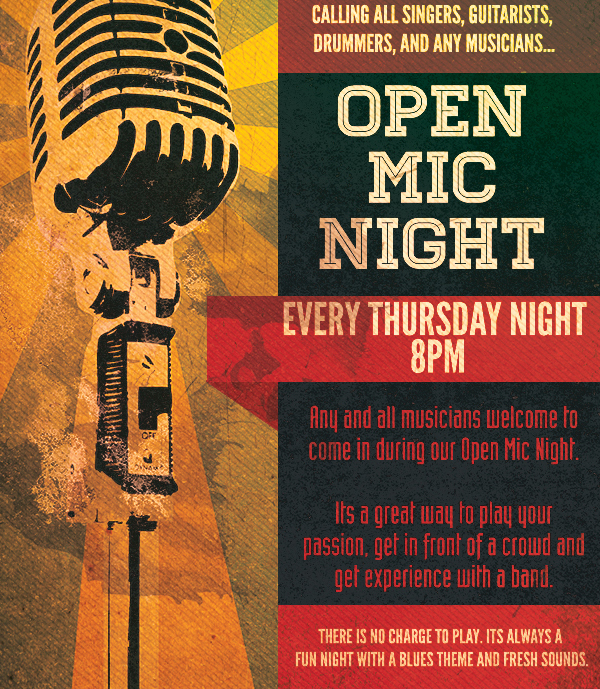 Open Mic Night
							 Every Thurs Night 8pm
							 See image for full details