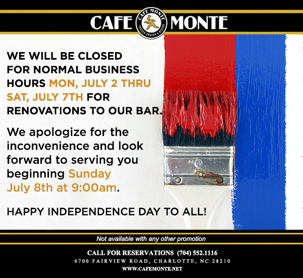 Call for reservations (704) 552.1116
							6700 Fairview Road, Charlotte, NC 28210
							www.cafemonte.net