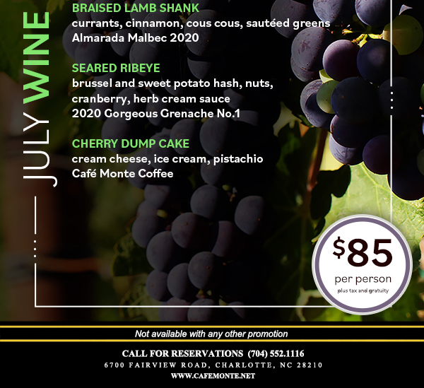 Call for reservations (704) 552-1116
							6700 Fairview Road, Charlotte, NC 28210
							www.cafemonte.net