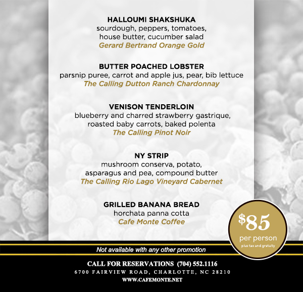 Call for reservations (704) 552-1116
							6700 Fairview Road, Charlotte, NC 28210
							www.cafemonte.net
