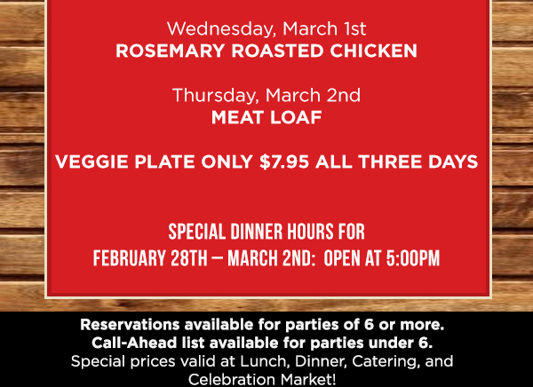 Reservations in advance for parties of 6
							 or more. Call-ahead list available for parties under 6.
							 See image for details
