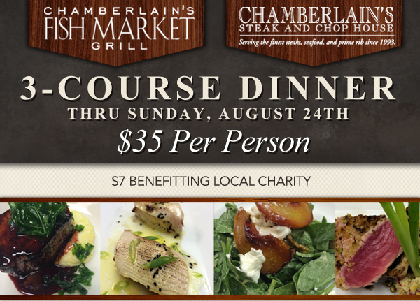 3 Course Dinner - $35 Per Person
							$7 Benefitting Local Charity