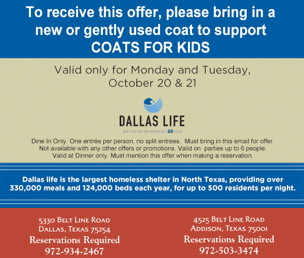 To receive this offer, please bring in a new or gently used coat to
							support Coats for Kids
							
							See image for full disclaimer