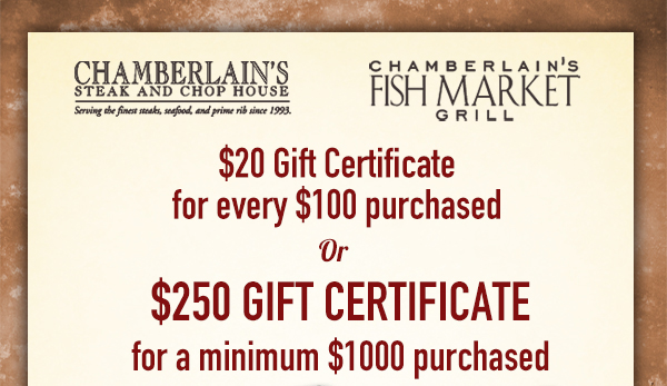 $20 Gift Certificate for every $100 purchased or
							$250 gift certificate for a minimum $1000 purchased