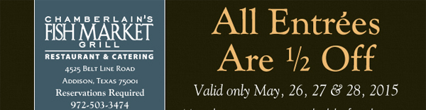 All Entrees 1/2 Price
							 Valid only May 26 - 28, 2015
							 Must bring in non-perishable food items for The Samaritan Inn to receive this offer.