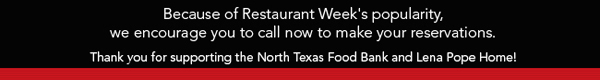 Because of Restaurant Week's popularity, we encourage you to
							 call now to make your reservations.
							 See image for details
