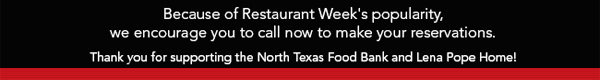 Because of Restaurant Week's popularity, we encourage you to
							 call now to make your reservations.
							 See image for details