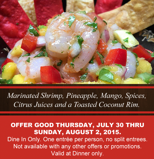 Marinated shrimp, pineapple, mango, spices
							 citrus juices and a toasted coconut rum.
							 See image for details