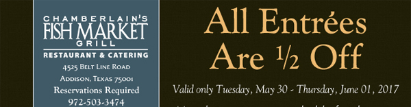 All Entrees 1/2 Price
							 Must bring in non-perishable food items for The Samaritan Inn to receive this offer.
							 See image for full details/disclaimer