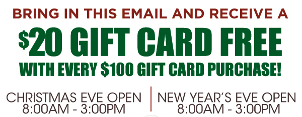 Bring in this email and receive
							$20 free for every $100 spent!
							See image for full details