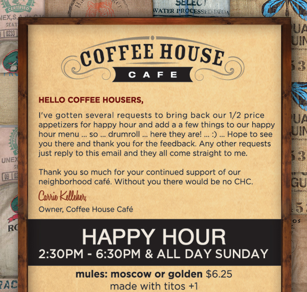 Happy Hour
							 2:30pm - 6:30pm & all day Sunday
							 See image for full details