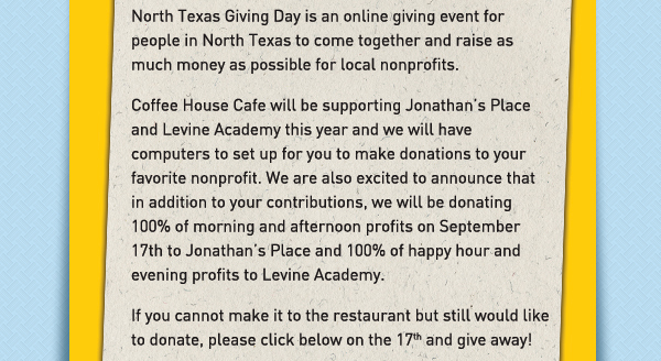 North Texas Giving Day
							 is an online giving event for people in North Texas to come together and raise as much money as possible for local non profits.
							 See image for full details