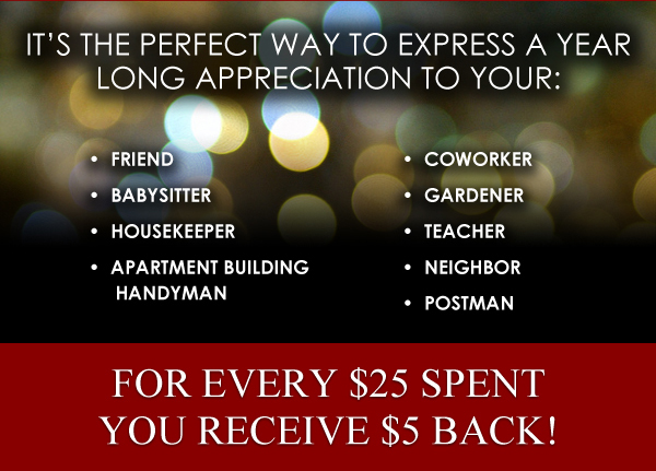 For every $25 spent,
							 you receive $5 back!
							 See image for full details
