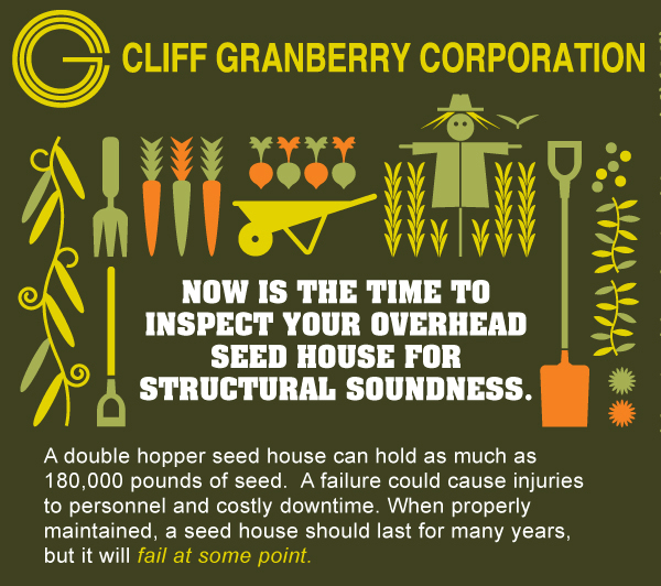 Cliff Granberry Corporation

Now is the time to inspect your overhead seed house for structural soundness.

A double hopper seed house can hold as much as 180,000 pounds of seed. A failure could cause injuries to personnel and costly downtime. When properly maintained, a seed house should last for many years, but it will fail at some point.