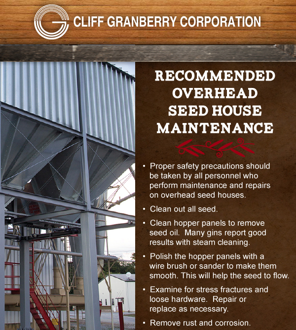 Recommended Overhead Seed House Maintenance
							 Proper safety precautions should be taken by all personnel
							 Clean out all seed
							 Clean hopper panels
							 Polish the hopper panels
							 Examine for stress fractures
							 See image for full details
