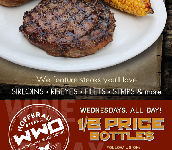 1/2 Price Bottles
							 Weds, all day!
							 See image for full details