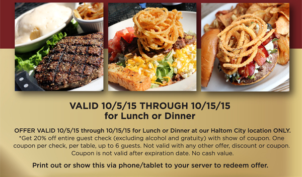 Valid 10/5 - 10/15
							 for lunch or dinner
							 See image for full details
