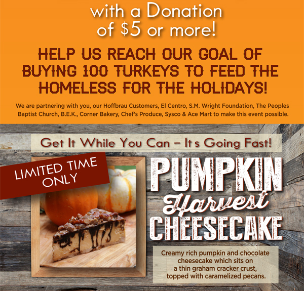 Help us reach our goal of
							 buying 100 turkeys to feed the homeless for the Holidays
							 See image for full details
