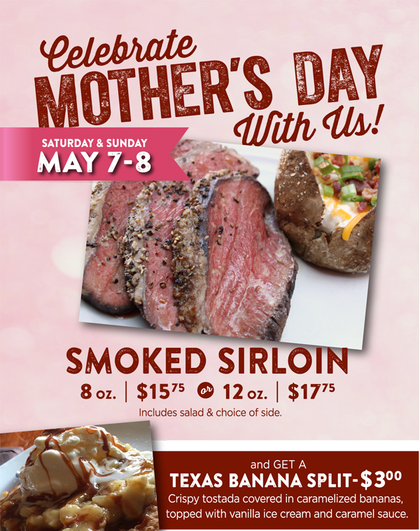 Celebrate Mother's Day with us!
							 See image for full details