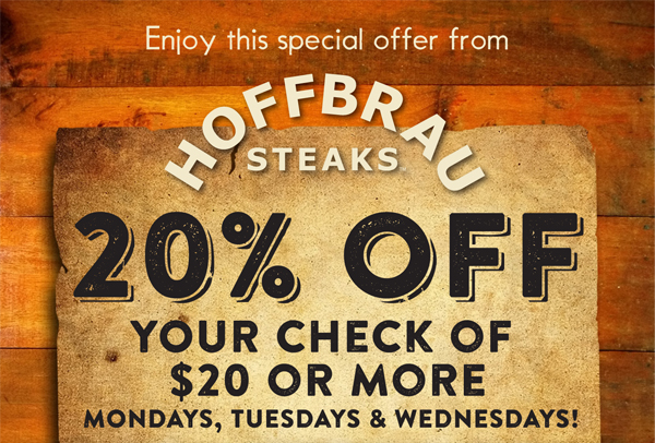 20% off your check of $20 of more
							 Mondays, Tuesdays and Wednesdays!
							 See image for full details