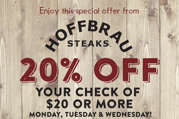 20% off your check of $20 of more
							 Mondays, Tuesdays and Wednesdays!
							 See image for full details