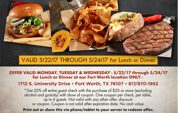 20% off your check of $20 of more
							 May 12 - 14
							 See image for full details