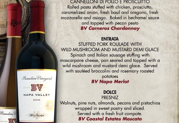 Pasta - Canneloni di Pollo e Proscuitto
							 Entrata - Stuffed Pork Roulade with Wild Mushroom and Mustard Demi Glace
							 Dolce - Presniz