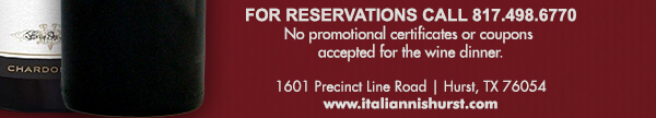 1601 Precinct Line Rd. Hurst, Tx 76054, (817) 498-6770 www.italiannishurst.com