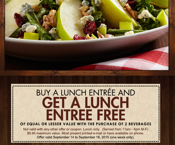 Buy a lunch entree and
							 get a lunch entree free
							 See image for full details
