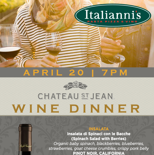 Chateau St Jean Wine Dinner
							 April 20 7pm
							 See image for full details