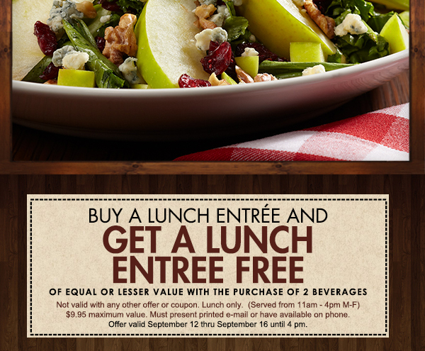 Buy a lunch entree and
							 get a lunch entree free
							 See image for full details