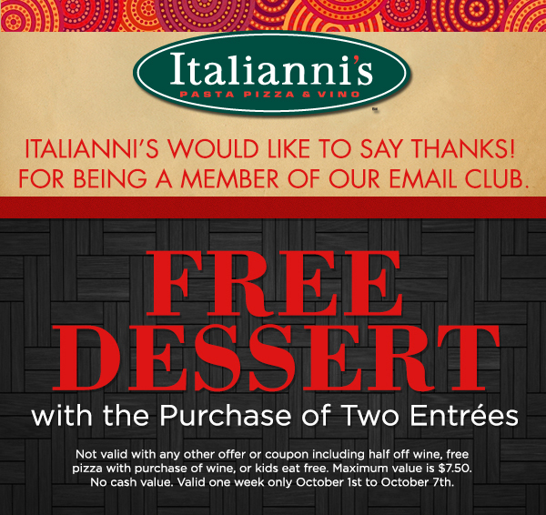 Italianni's would like to say thanks for being
							 a member of our email club
							 See image for full details