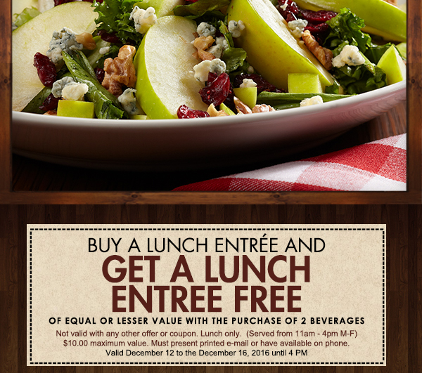 Buy a lunch entree and
							 get a second lunch entree free
							 See image for full details and disclaimer