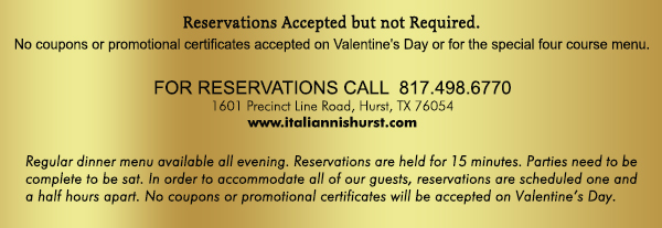 1601 Precinct Line Rd. Hurst, Tx 76054, (817) 498-6770 www.italiannishurst.com