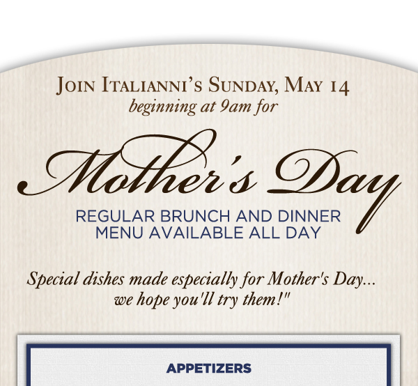 Join us for Mother's Day
							 See image for full details