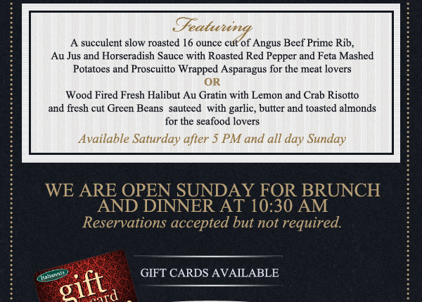 We are open Sunday for Brunch and Dinner
							 See image for full details