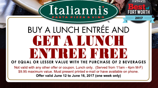 Buy a lunch entree get one free
							 See image for full details