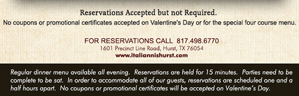 1601 Precinct Line Rd. Hurst, Tx 76054, (817) 498-6770 www.italiannishurst.com