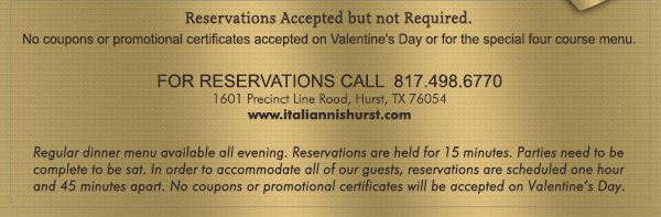 1601 Precinct Line Rd. Hurst, Tx 76054, (817) 498-6770 www.italiannishurst.com