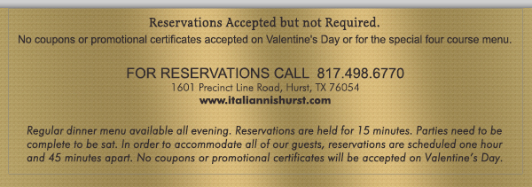 1601 Precinct Line Rd. Hurst, Tx 76054, (817) 498-6770 www.italiannishurst.com