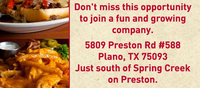 Don't miss this opportunity to join a fun and growing company.
							5809 Preston Rd. #588
							Plano, TX 75093
							Just south of Spring Creek on Preston