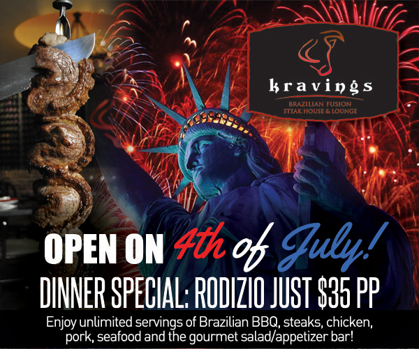 Open on 4th of July!
						Dinner Special: Rodizio just $35 per person
						Enjoy unlimited servings of Brazilian BBQ, steaks, chicken, pork, seafood and the gourmet salad/appetizer bar!