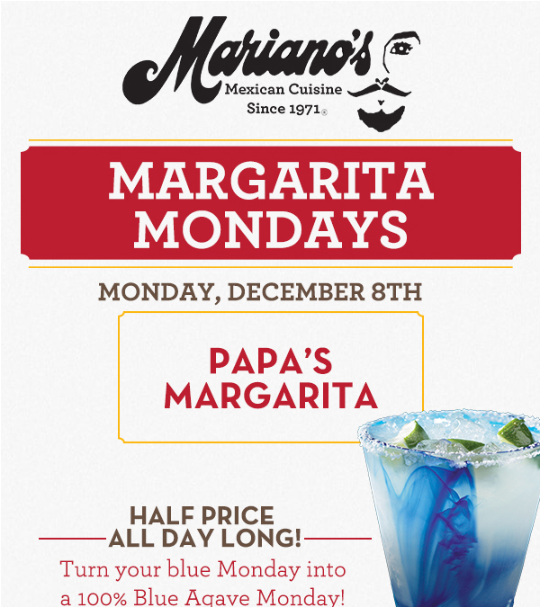 Margarita Mondays
							Half Price All Day Long! Turn your blue Monday into a 100% Blue Agave Monday!
							www.laharanch.com