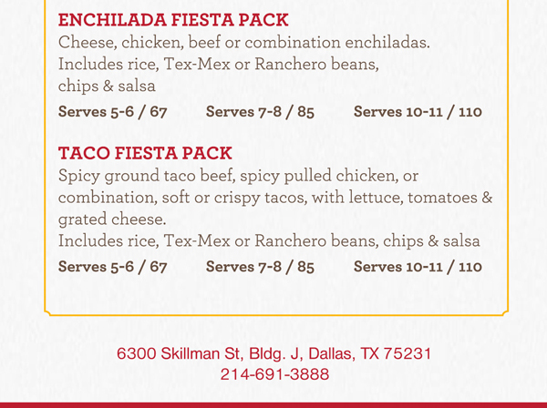 Get your party started with Fiesta Packs!
							See image for details
