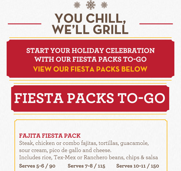 Get your party started with Fiesta Packs!
							See image for details