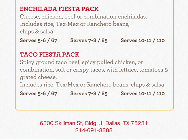 Get your party started with Fiesta Packs!
							See image for details