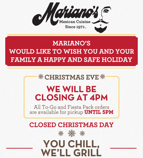 We would like to wish you and your family
							a happy and safe holiday
							Christmas eve we will be closing at 4pm
							See image for full details
